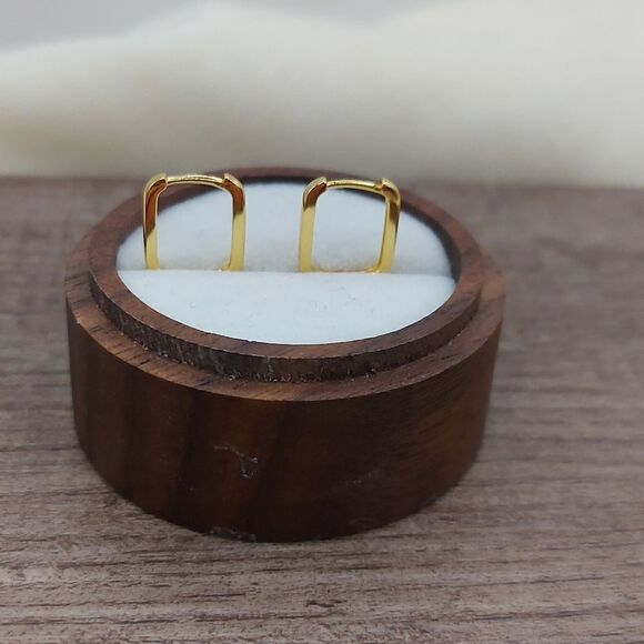 925 Sterling Silver Rectangle Gold Huggies Earrings - Picture 10 of 11